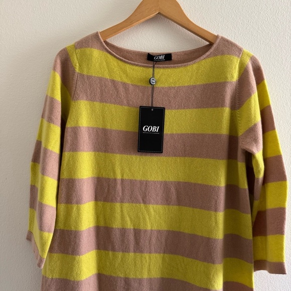 NWT Gobi Mongolian Cashmere Striped Yellow Tan Sweater Dress size Large - Picture 3 of 14